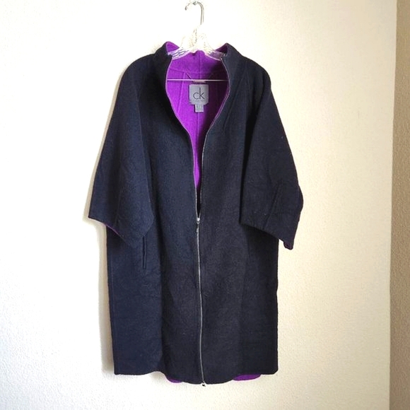 Calvin Klein Womens Black Angora Wool Blend Half Sleeve Overcoat Size XL Zipper - Picture 3 of 14